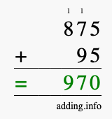 Calculate 875 + 95 using long addition