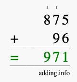 Calculate 875 + 96 using long addition