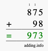 Calculate 875 + 98 using long addition