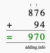 Calculate 876 + 94 using long addition