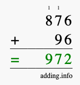 Calculate 876 + 96 using long addition