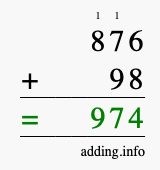 Calculate 876 + 98 using long addition