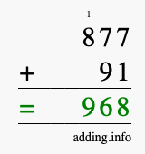 Calculate 877 + 91 using long addition