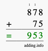 Calculate 878 + 75 using long addition