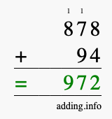 Calculate 878 + 94 using long addition