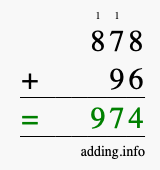 Calculate 878 + 96 using long addition