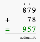 Calculate 879 + 78 using long addition