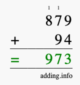 Calculate 879 + 94 using long addition