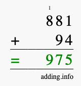Calculate 881 + 94 using long addition