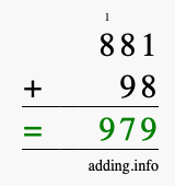 Calculate 881 + 98 using long addition