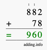 Calculate 882 + 78 using long addition