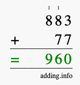 Calculate 883 + 77 using long addition