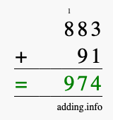 Calculate 883 + 91 using long addition
