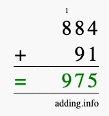 Calculate 884 + 91 using long addition