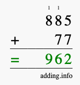 Calculate 885 + 77 using long addition
