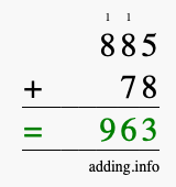 Calculate 885 + 78 using long addition