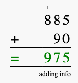 Calculate 885 + 90 using long addition