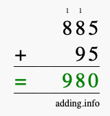 Calculate 885 + 95 using long addition