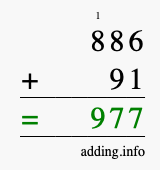 Calculate 886 + 91 using long addition