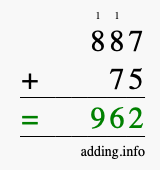 Calculate 887 + 75 using long addition