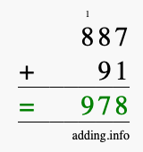 Calculate 887 + 91 using long addition
