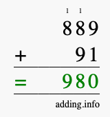 Calculate 889 + 91 using long addition