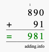 Calculate 890 + 91 using long addition