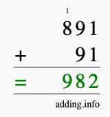 Calculate 891 + 91 using long addition