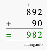 Calculate 892 + 90 using long addition