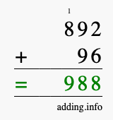 Calculate 892 + 96 using long addition