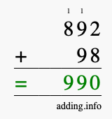 Calculate 892 + 98 using long addition