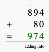Calculate 894 + 80 using long addition