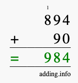Calculate 894 + 90 using long addition