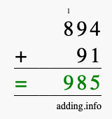 Calculate 894 + 91 using long addition