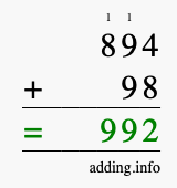Calculate 894 + 98 using long addition