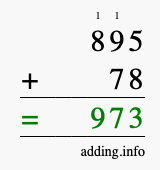 Calculate 895 + 78 using long addition