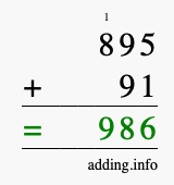 Calculate 895 + 91 using long addition