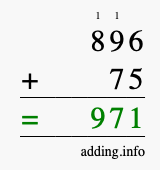 Calculate 896 + 75 using long addition