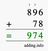 Calculate 896 + 78 using long addition