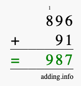 Calculate 896 + 91 using long addition