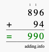 Calculate 896 + 94 using long addition