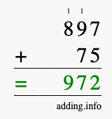 Calculate 897 + 75 using long addition