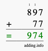 Calculate 897 + 77 using long addition