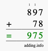 Calculate 897 + 78 using long addition