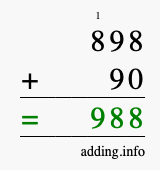 Calculate 898 + 90 using long addition