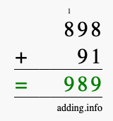 Calculate 898 + 91 using long addition