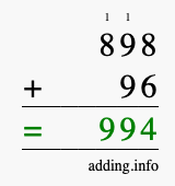 Calculate 898 + 96 using long addition
