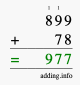 Calculate 899 + 78 using long addition