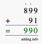 Calculate 899 + 91 using long addition