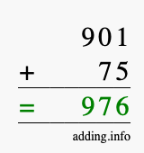 Calculate 901 + 75 using long addition